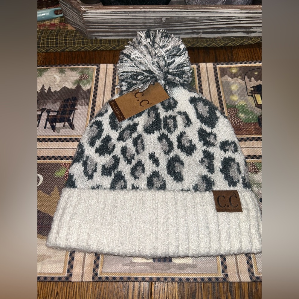 C.C Ivory & Charcoal Leopard Pom Beanie